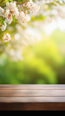 Wooden table spring nature bokeh background, empty wood desk product display mockup with green park sunny blurry abstract garden backdrop landscape ads showcase presentation. Mock up, copy space.