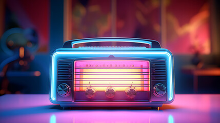 Vintage style radio receiver on the floor neon light - obrazy, fototapety, plakaty