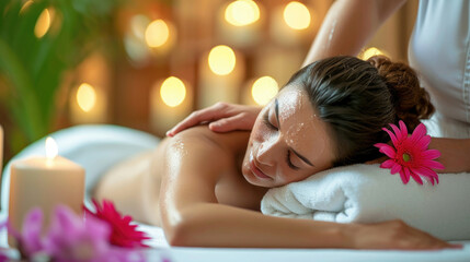 Obraz na płótnie Canvas Woman Receiving Relaxing Back Massage at Spa