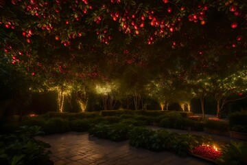 Step into a mesmerizing garden surrounded by an abundance of dense pomegranate trees. Perfect lighting illuminates each vibrant leaf and glistening fruit,