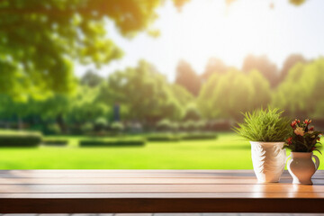 Wooden table spring nature bokeh background, empty wood desk product display mockup with green park sunny blurry abstract garden backdrop landscape ads showcase presentation. Mock up, copy space.