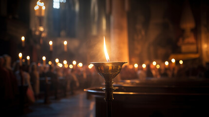 Burning candle on church Easter service - obrazy, fototapety, plakaty