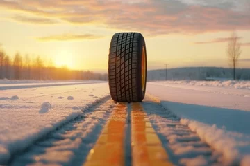 Fotobehang Winter tire covered in snow snowy road ice icy car wheel drive safety safe driving transportation condition change vehicle auto slippery danger frost protection climate dangerous offroad environment © Yuliia