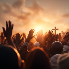 Worshipers rising hands in front of bright sunrise with cross, Easter background