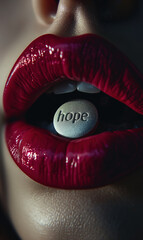 Miracle drug concept with close-up of pill with text hope in woman's mouth, addiction concept - obrazy, fototapety, plakaty
