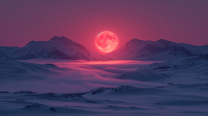 Extra large moon  rising over snowy mountains at dawn