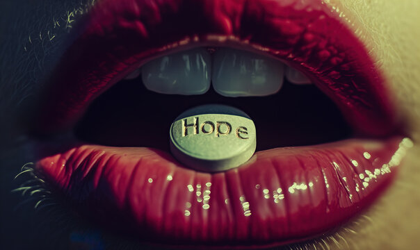 Miracle drug concept with close-up of pill with text hope in woman's mouth, addiction concept