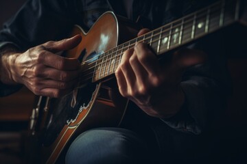 Talented unrecognizable male artist African-American musician close up male hands playing guitar...