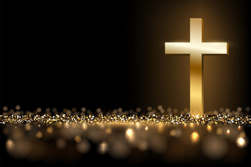 Christian gold cross and glitter of golden particles, realistic holy church, faith symbol - obrazy, fototapety, plakaty