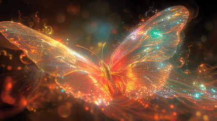 Obraz premium sparkling luminous butterfly with golden translucent wings magical fantasy background