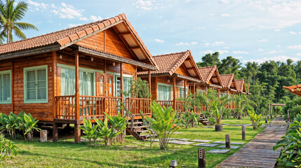 Fototapeta na wymiar Wooden cabins along a tropical pathway.