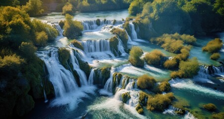 Amazing nature landscape, aerial view of the beautiful waterfall cascade, famous Skradinski buk,...
