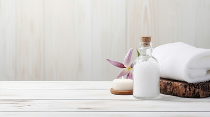 Fototapeta na wymiar Essential Oils Bottle Next to White Towel - Natural Relaxation and Refreshment