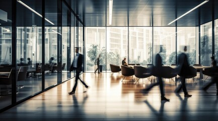 Fast-Paced Busy Modern Workplace Many People, Employees Moving Quickly Around the Office, Motion Blur, Movement, Blurry, Businesspeople Wearing Suits, Interior Office, Slow Shutter.