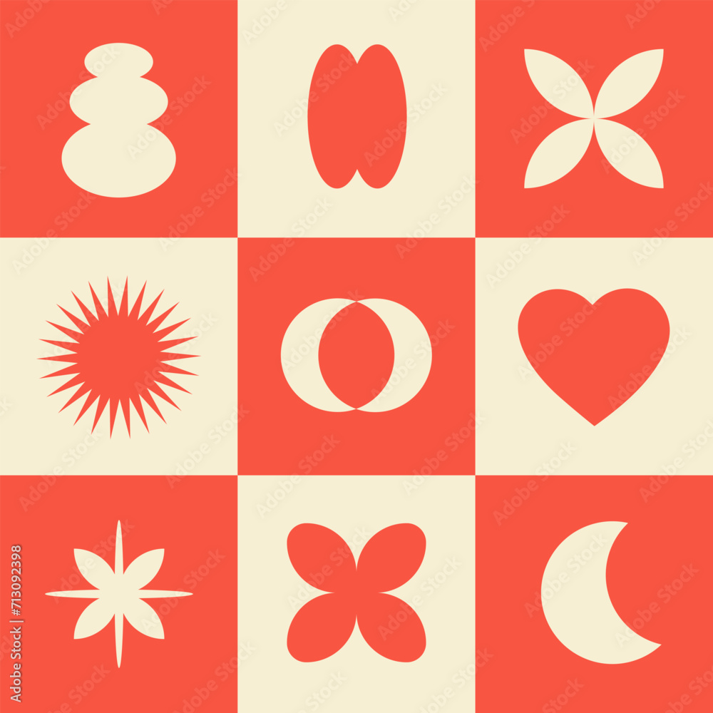 Poster Abstract seamless pattern with simple geometric shapes. Brutal background in style y2k, 00s. Red and beige colors. Modern collage vector illustration.
