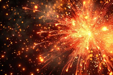 Bright orange and yellow sparks are exploding in various directions