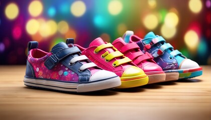 Various colorful kid shoes decoration, with soft focus light and bokeh background
