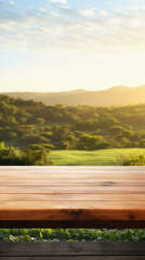 Wooden table spring nature bokeh background, empty wood desk product display mockup with green park sunny blurry abstract garden backdrop landscape ads showcase presentation. Mock up, copy space.