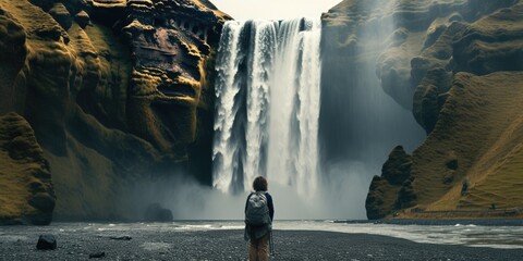Woman overlooking waterfall at skogafoss, Iceland.