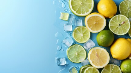Lime wedges and mint in glasses with ice on a blue background.