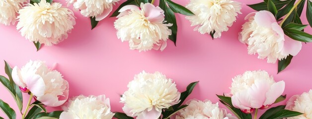 A bouquet of pink and white peonies on a soft pink background, with scattered petals adding a delicate touch.