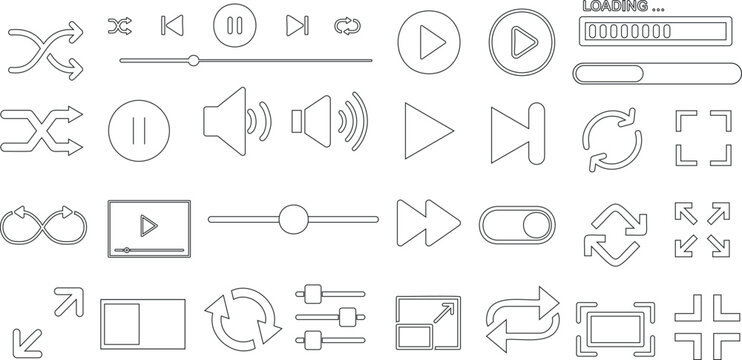 Modern media player solid vector icons set. Collection includes play, pause, stop, record, fast forward, rewind buttons. Perfect for audio/video controls, multimedia interface