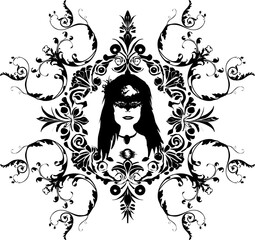 Ornamente mit Silhouette Gesicht Frau mit Maske im Gothic Style