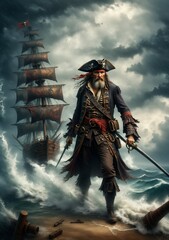 Naklejka premium Old pirate, Pirate ship at sea during a storm