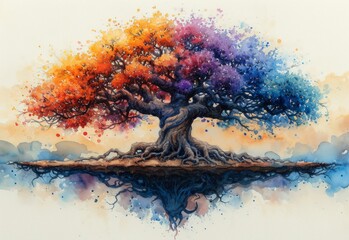 Colorful big tree, watercolor art. Retro vintage wallpaper. Tree of life illustration. Abstract watercolor background.
