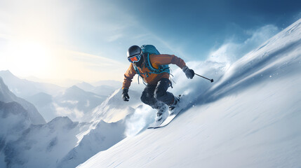 Naklejka na ściany i meble Young man snowboarder running downhill in Alps