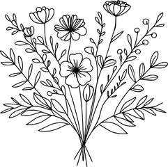 Line art Bouquet of Flower, Bunch of flowers illustration, Aesthetic flower Hand drawn, foliage  