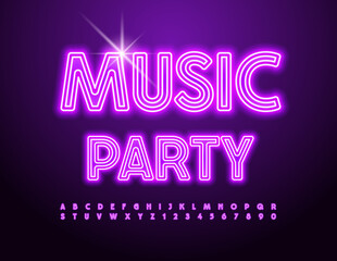 Obraz premium Vector neon flyer Music Party. Cool Glowing Font. Trendy Electric Alphabet Letters and Numbers set