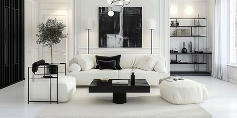 A black and white living room with a white couch