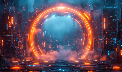 Futuristic cybernetic portal with glowing neon lights and digital elements forming a circular frame around a central tech core in a sci-fi environment