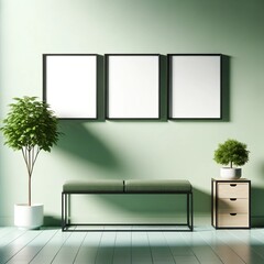 Chic Home Interior with Picture Frame on pastell green wall and Indoor Plants