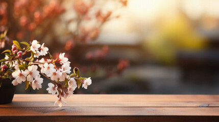 Wooden table spring nature bokeh background, empty wood desk product display mockup with green park sunny blurry abstract garden backdrop landscape ads showcase presentation. Mock up, copy space.