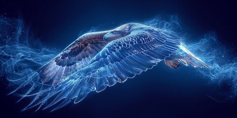 Majestic Flight Embodied: A Glowing Blue Eagle Soars with Radiant Wings in a Digital Art Representation of Freedom and Power, Generative AI