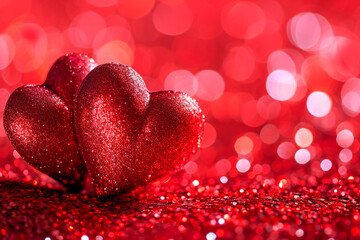 Two red hearts on a background with romantic blurred bokeh. Valentine's Day concept.