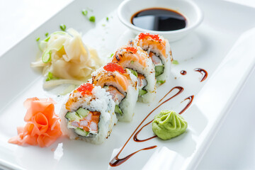 Sushi Delight: California Rolls with Caviar Topping and Traditional Sides