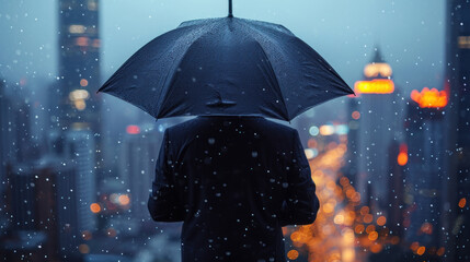 Solitary businessman standing with umbrella amidst cityscape, facing inclement weather, representing concepts of business insurance and corporate risk management