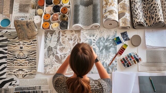 In a chic design studio, an interior designer curates black and white abstract wallpaper swatches for a client project - Powered by Adobe