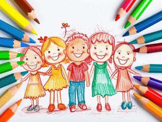 Drawing of a Group of Children Engaged in Colored Pencil Artwork