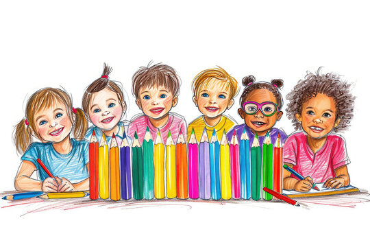 Group of Children Sitting in Front of a Row of Colored Pencils