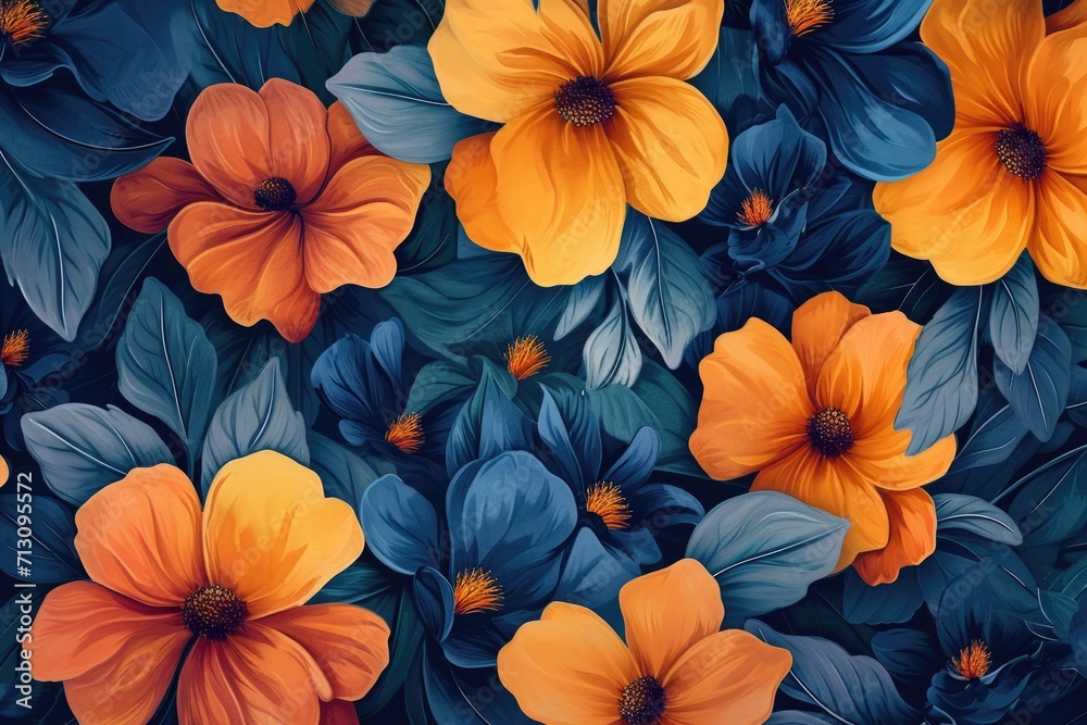 Poster a beautiful bunch of orange and blue flowers with vibrant green leaves. perfect for adding a pop of 