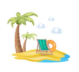 Obraz premium Sunny day, beach, coconut palm, summer tropical sandy island. Vacation in the tropics, sea, sun. Free space for copying, 3d