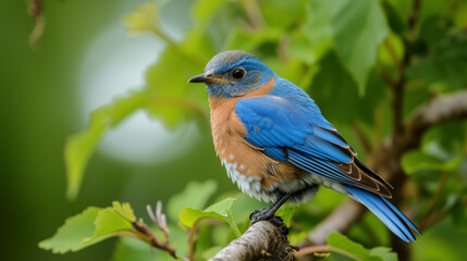 Bluebird perched on a green branch.