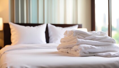 Fototapeta na wymiar Fresh towels on bed in hotel room