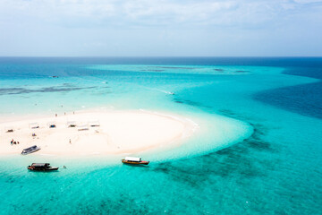 Idyllic sand bank atoll in Zanzibar, Tanzania. Aerial view