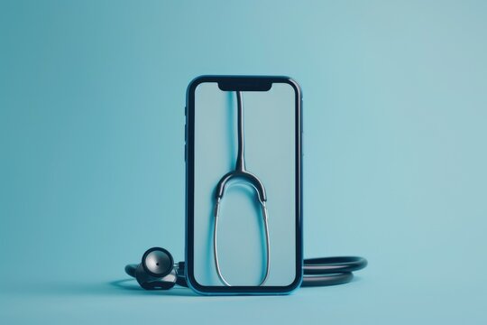 A phone with a stethoscope attached to it. Can be used in medical or healthcare contexts