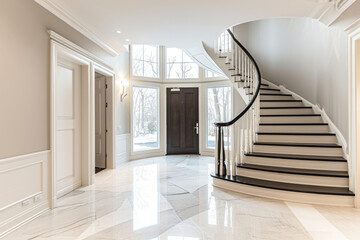 Spacious Foyer With Marble Floors and Spiral Staircase